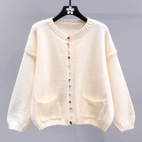 彩色编织扣圆领毛衣外套女冬季2023新款宽松设计感减龄针织开衫图片