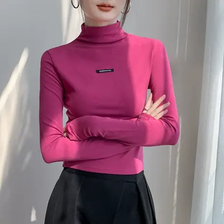 时尚带手套打底衫女冬正肩字母半高领磨毛t恤内搭玫红色加绒上衣图片