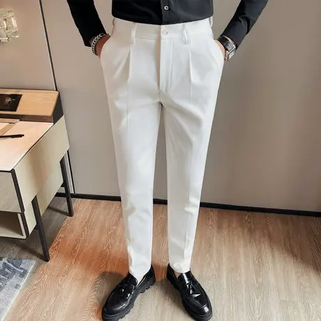 高级感西服长裤男2023秋季纯色垂感商务休闲韩版修身小脚弹力西裤商品大图