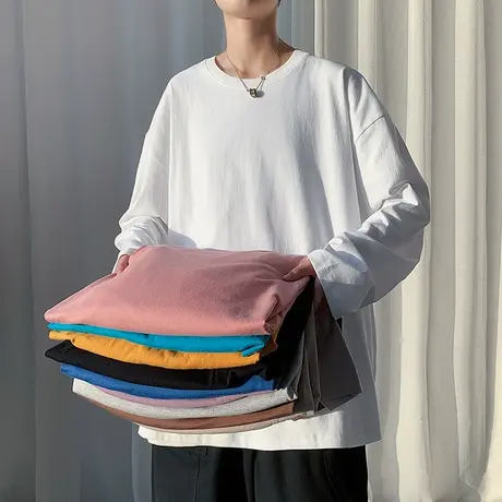 秋冬季百搭圆领长袖t恤男ins潮牌2023新款宽松休闲纯色上衣打底衫商品大图