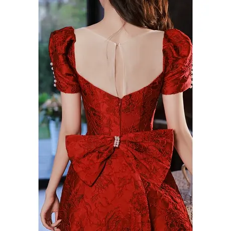 敬酒服新娘夏季酒红色在逃公主高级感订婚礼服连衣裙回门方领中长商品大图