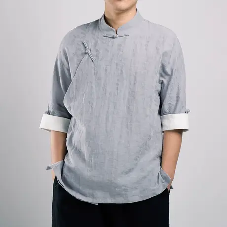 复古风男装棉麻唐装短袖衬衫宽松民国中式斜襟禅服中国风盘扣男装图片