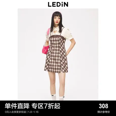乐町小心机连衣裙2023夏季格纹镂空假两件C1FAD2502图片