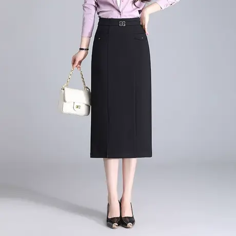 2024春季新款高腰通勤包臀裙女中长款黑色显瘦半身裙开叉OL一步裙商品大图