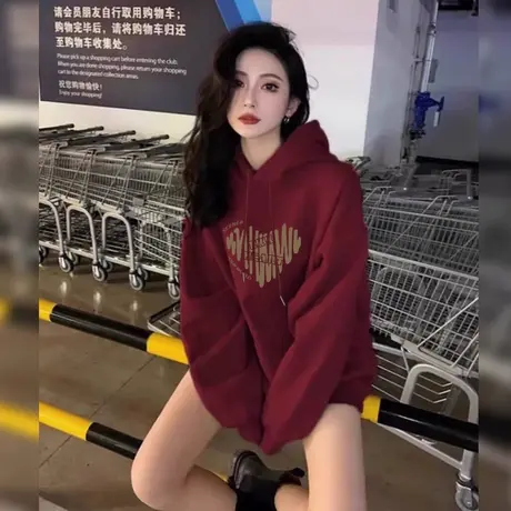 大红色加绒本命年连帽情侣卫衣秋冬季2024爆款加厚龙年新款外套商品大图