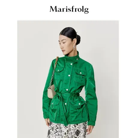 玛丝菲尔春季新款高更绿色缎面机车风高领短外套含腰带商品大图