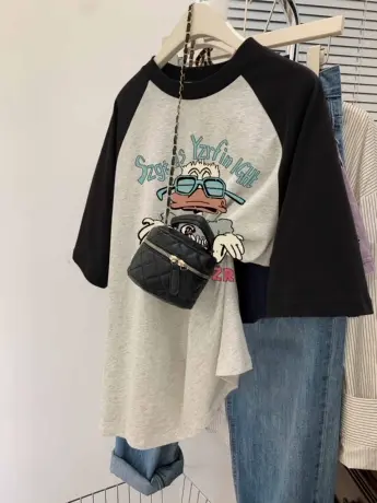 复古风撞色情侣上衣oversize大码小众插肩袖纯棉t恤女ins国潮短袖商品大图