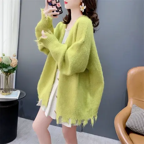 设计感破洞V领毛衣开衫女春季2024新款宽松洋气软糯针织外套上衣商品大图