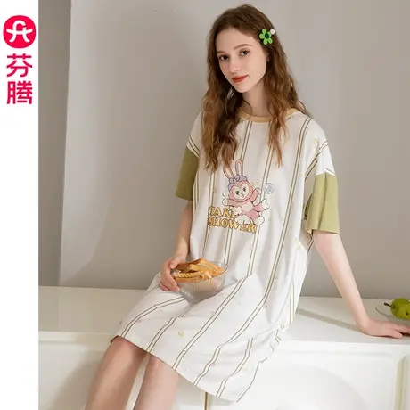 芬腾睡裙女夏季薄款纯棉短袖中裙甜美可爱少女卡通全棉家居服睡衣商品大图