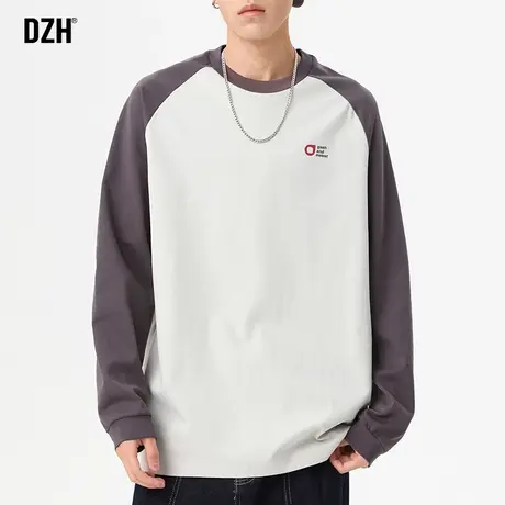 青少年圆领插肩长袖t恤男春季2024新款拼色上衣宽松打底衫体恤衫商品大图