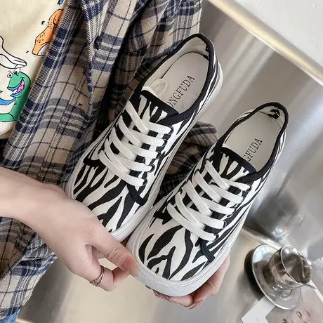 斑马纹单鞋女2021新款夏季豹纹帆布鞋厚底时尚系带学生休闲板鞋潮商品大图