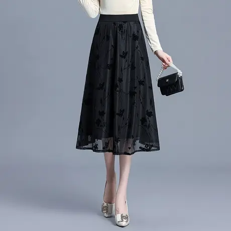 松紧腰植绒网纱裙女春季2024新款垂感显瘦半身裙a字裙中长休闲裙图片