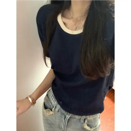 拼色短款正肩半袖T恤女洋气减龄打底小衫夏季韩版内搭短袖上衣潮商品大图