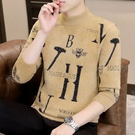 水貂绒毛衣男士秋冬季新款大码加厚韩版宽松打底衫线衣服内搭潮流商品大图