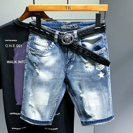 夏天潮牌破洞男士弹力五分牛仔短裤男直筒七分裤子男中裤潮马裤男商品大图