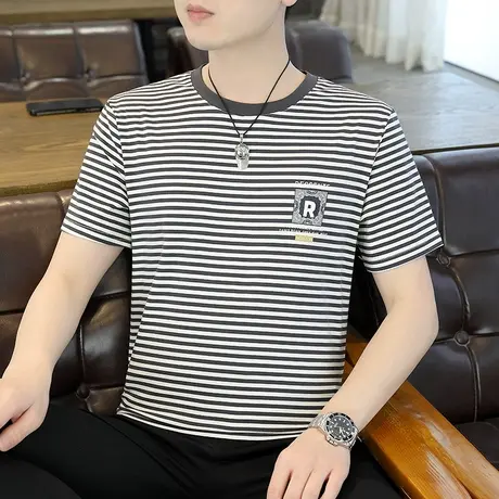 夏季男士条纹短袖半袖圆领男装上衣服个性体恤韩版潮流男款打底衫商品大图