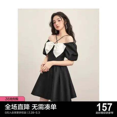 乐町蝴蝶结公主裙2023夏季富家千金露肩裙子设计感泡泡袖连衣裙商品大图