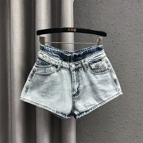 欧货阔腿裤女2024春夏新款浅蓝时尚休闲高腰显瘦百搭牛仔短裤热裤图片