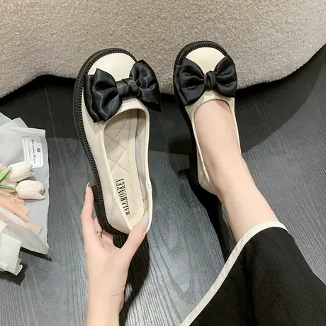 单鞋女夏季平底玛丽珍女鞋2024年新款一脚蹬气质小皮鞋复古蝴蝶结商品大图
