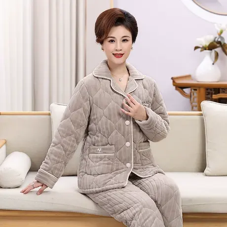 婷美新款中老年睡衣女秋冬三层加厚夹棉长毛绒保暖家居服套装外出商品大图