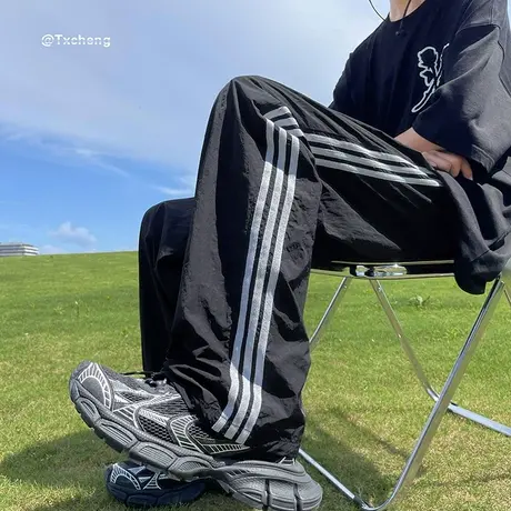 夏季多巴胺冰丝透气休闲裤男潮流宽松条纹直筒裤美式复古运动长裤商品大图