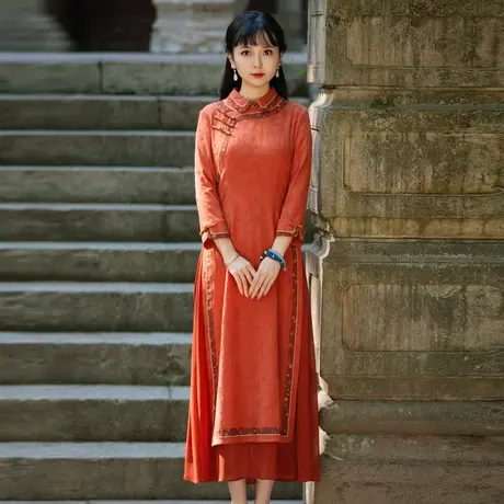 奥黛旗袍中国风2023新款连衣裙女长款洋气收腰显瘦时尚开叉裙子图片