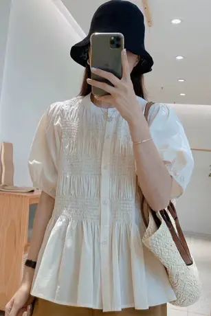 短袖衬衫女夏季新款2023爆款宽松显瘦衬衣法式掐腰欧货泡泡袖上衣图片