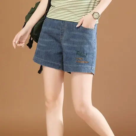 韩潮袭人松紧腰深蓝直筒牛仔短裤女2023夏新款宽松休闲百搭热裤薄商品大图