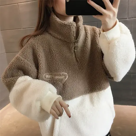 羊羔绒外套卫衣2023年冬季新款百搭洋气小众撞色设计感加绒加厚女商品大图