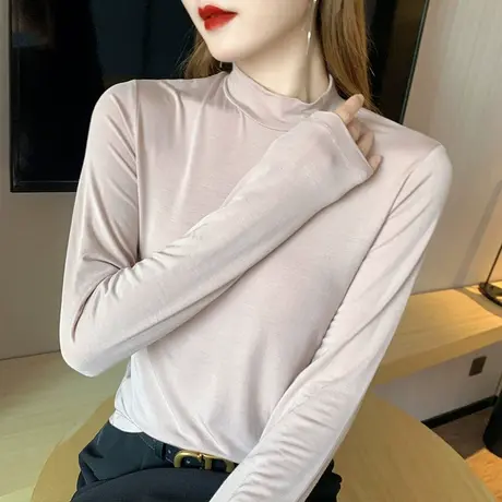 莫代尔小高领t恤女半高领长袖秋冬季正肩显瘦小众内搭体恤打底衫商品大图