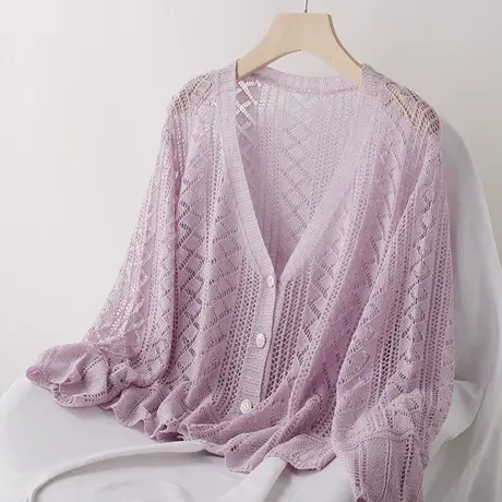 早春镂空针织开衫女薄款春夏季长袖空调衫防晒衣宽松外搭披肩外套商品大图