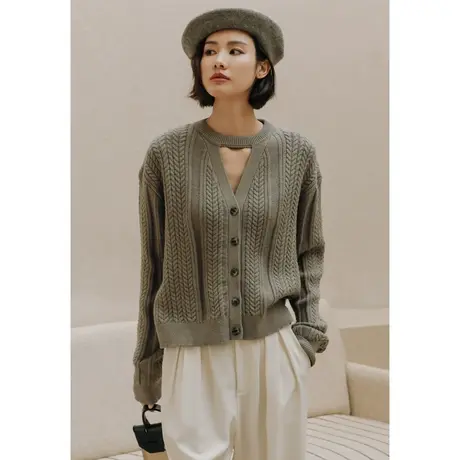 弥古法式慵懒风灰色麻花毛衣针织衫女春秋高级感复古气质镂空上衣图片