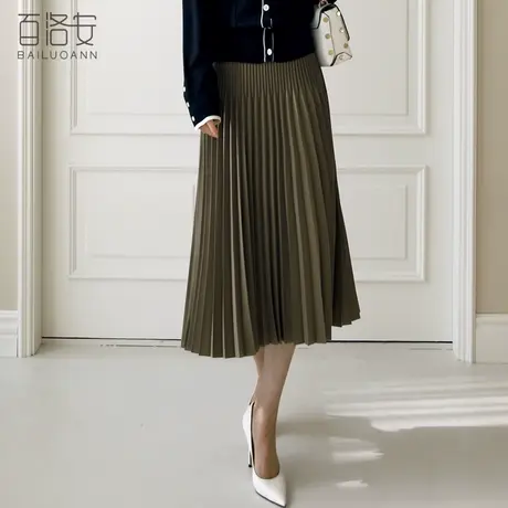 百洛安中长款百褶半身裙女2023秋季新款时尚百搭高腰垂坠感a字裙图片