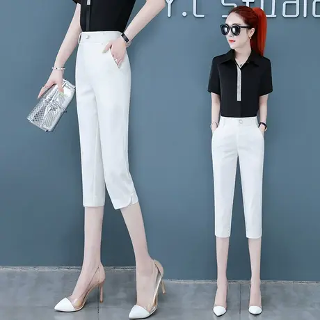 白色西装七分裤女夏季薄款小脚西裤弹力显瘦中裤小个子直筒烟管裤图片
