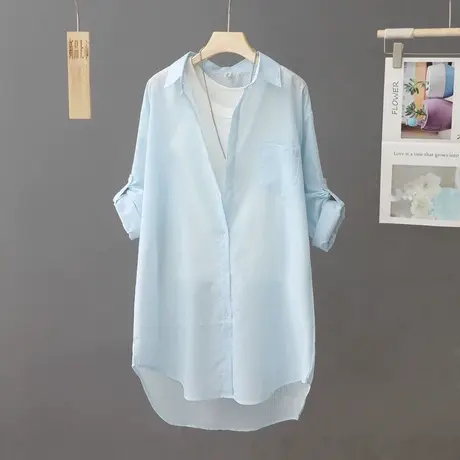 2023夏季薄款防晒衬衫女中长款微透休闲外搭上衣薄款外套衬衣开衫商品大图