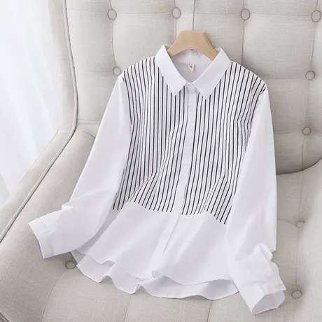 文艺条纹拼接衬衫女长袖韩版新款春秋上衣外套显瘦设计感小众衬衣图片