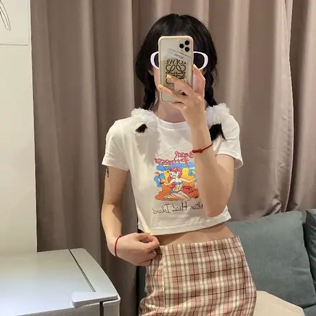 短袖女ins潮短款盐系高腰小心机2023新款T恤女夏学生露脐遮肉上衣商品大图