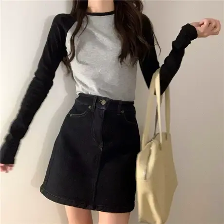 拼色长袖打底衫气质修身显瘦圆领内搭插肩袖t恤上衣女秋季新款商品大图