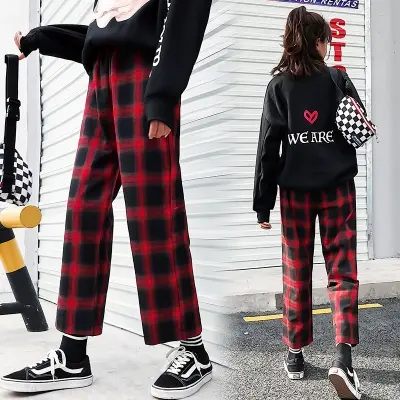 夏季2023新款韩版格子休闲裤女学生宽松高腰阔腿直筒裤显瘦九分裤图片