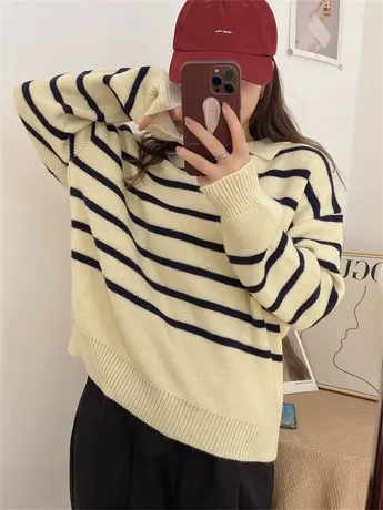日系复古条纹毛衣女2022春秋宽松设计感小众慵懒风高级感上衣外套图片