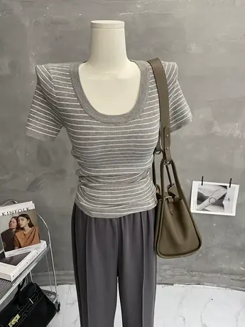 高J感～简约条纹针织衫紧身短袖T恤女打底衫韩版内搭秋新款2023图片