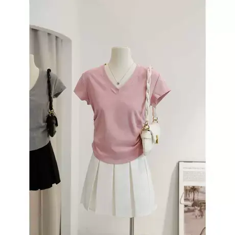 法式V领锁骨短袖内搭t恤打底衫女春小众独特别致抽绳修身短款上衣商品大图