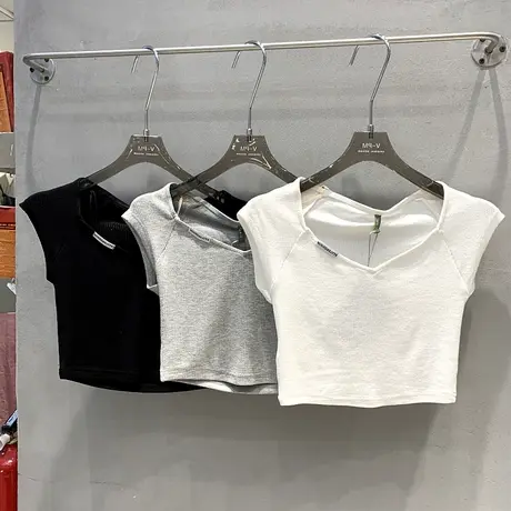 V领无袖t恤女2021新款韩版修身高腰短款显瘦百搭休闲上衣设计感夏商品大图