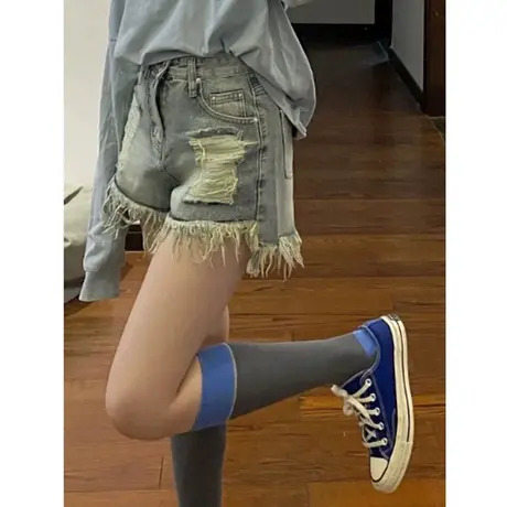 辣妹毛边破洞牛仔短裤女美式复古夏季薄款直筒阔腿裤高腰a字热裤图片
