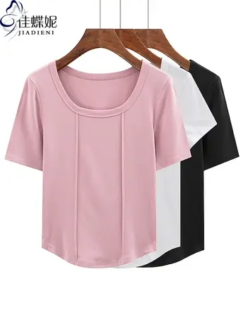 夏季新款韩版U领显瘦下摆圆弧纯棉纯色显瘦短袖上衣内搭女装T恤商品大图