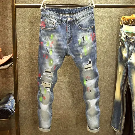 春秋款破洞补丁牛仔裤男潮牌修身小脚裤韩版嘻哈泼墨涂鸦直筒裤子商品大图