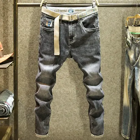 黑灰色小众刺绣牛仔裤男款潮流修身小脚裤潮牌夏季百搭裤子男薄款商品大图