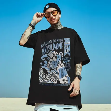 oversize美式重磅潮牌胖子男装大码国潮嘻哈宽松卡通短袖T恤半袖商品大图