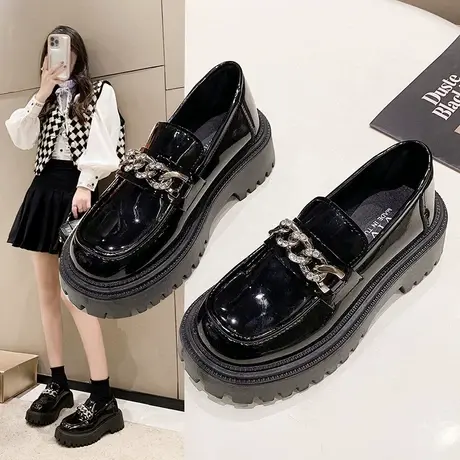 复古乐福鞋女黑色鞋子金属玛丽珍单鞋增高英伦风显脚小小香风女款图片