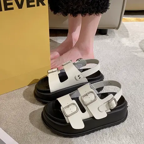 一字扣带罗马风厚底松糕凉鞋女2023夏季新款韩版舒适露趾沙滩度假图片